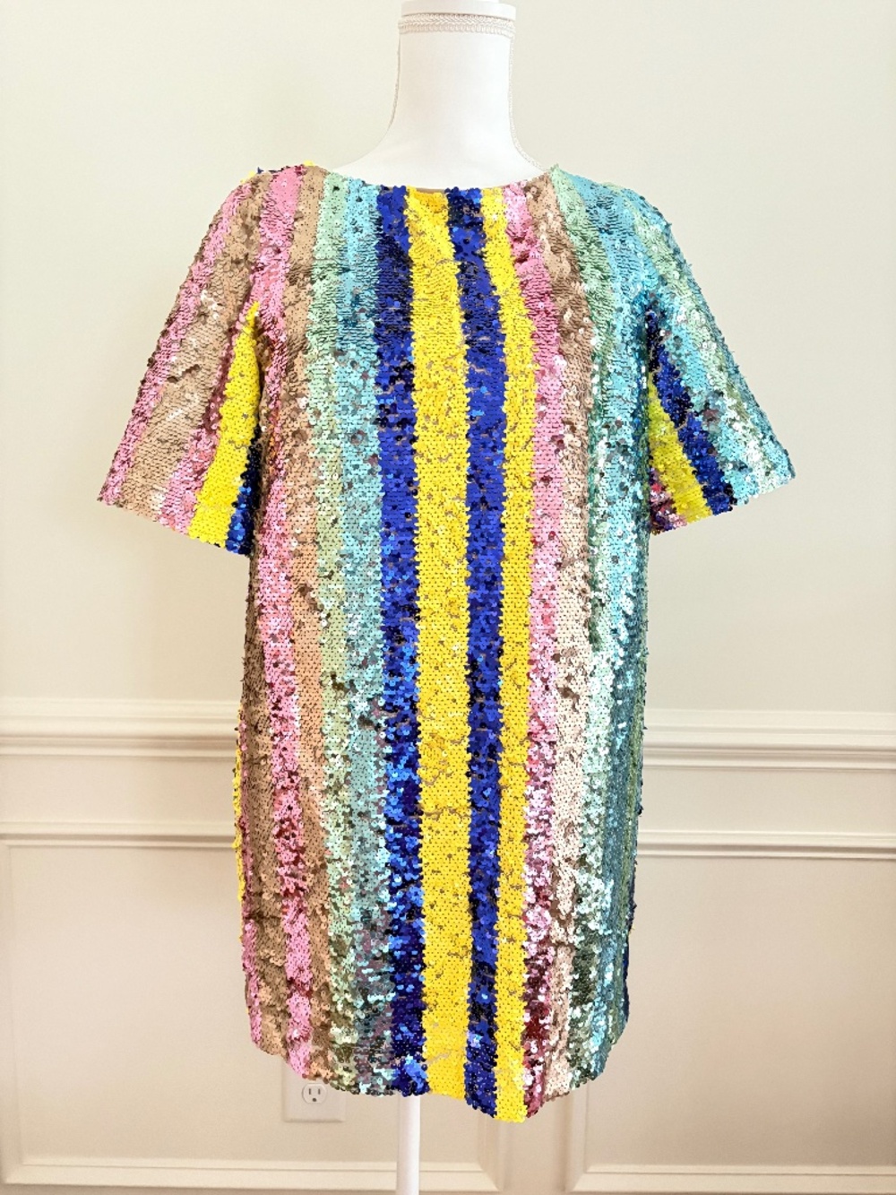 ONE33 Social Sequin Shift Striped Mini Dress Sz 6 Disco, Studio 54, 70s Inspired